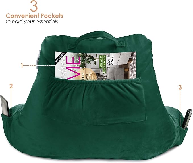 Nestl Reading Pillow Standard Bed Pillow, Back Pillow for Sitting in Bed Shredded Memory Foam Chair Pillow, Reading & Bed Rest Pillows Dark Green Back Pillow for Bed, Bed Chair Arm Pillow with Pockets