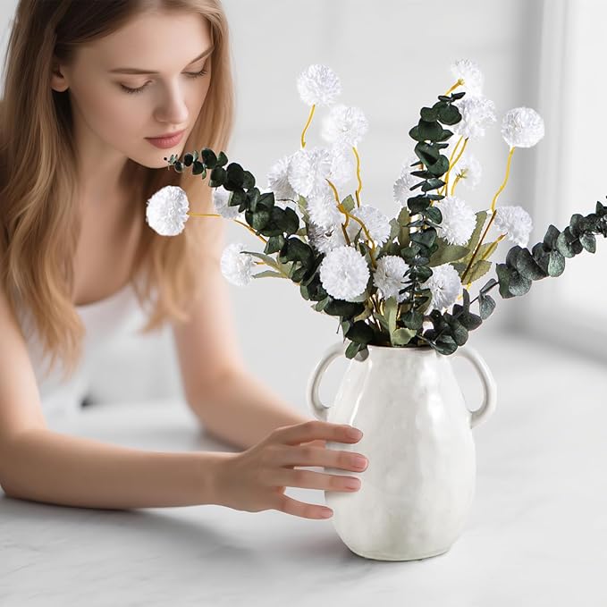 6 Artificial Silk Flowers + 3 Eucalyptus, Artificial Chrysanthemums with Stems for Home Decor, Ivory