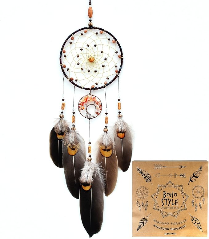 Urdeoms Tree of Life Dream Catchers for Girls Boho Dream Catcher Wall Decor for Bedroom Adult Crystal Red Agate Healing Stone Hanging Ornament Decoration Cute Room Decor 18" Length(NO.17)