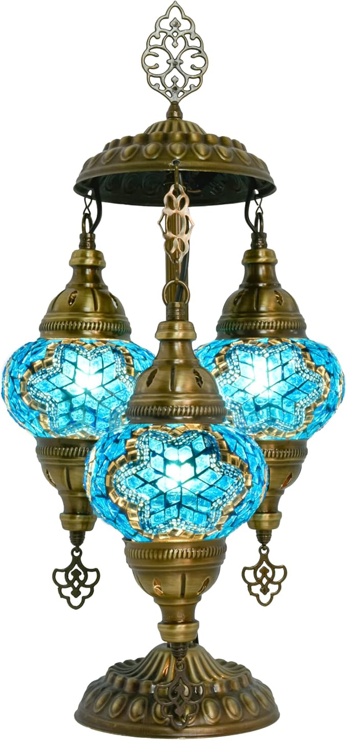 Mozaist Turkish Mosaic Lamp – Moroccan Handmade 3 Globe Table Light with Bulb (Sea Blue)