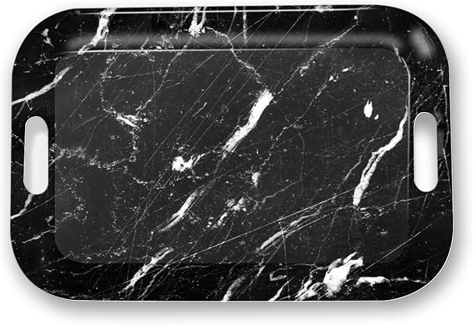 Serving Trays with Handles, 14.5 x 9.8 inch Rectangular Plastic Tray for Restaurant, Kitchen, Black Marble