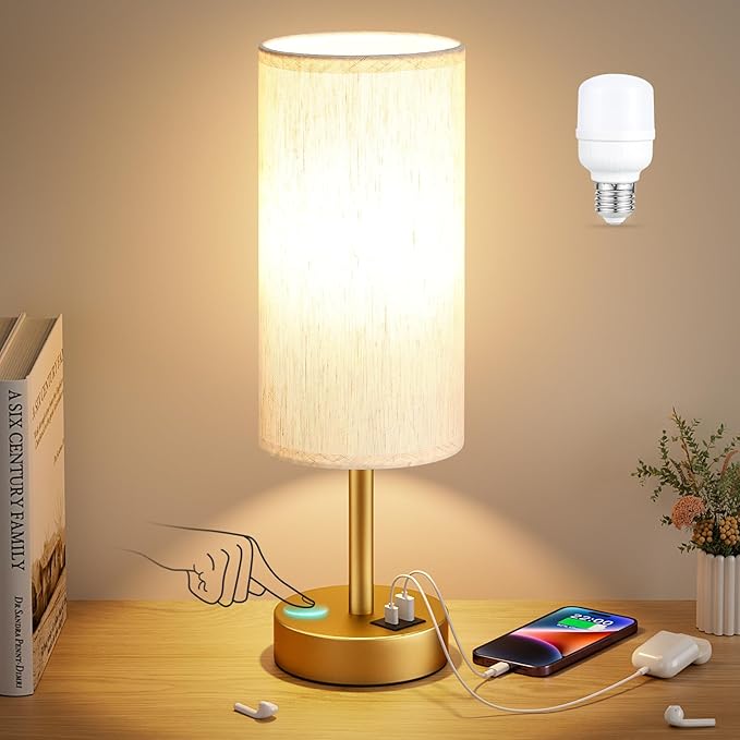 Small Touch Bedside Lamp with USB - 3 Way Dimmable Gold Table Lamp for Bedroom, Nightstand Lamp with Gold Charging Station for Desk Dorm, Office