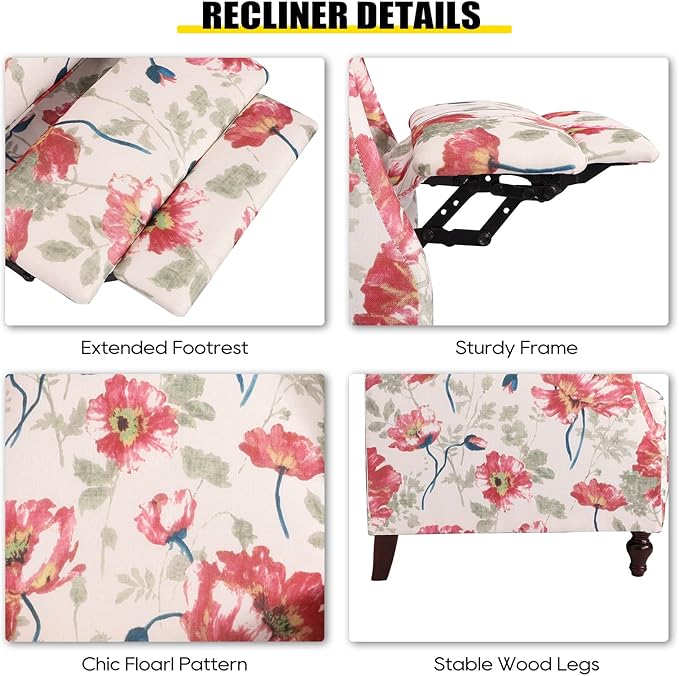 Upholstered Wingback Recliner Chair, Traditional Push Back Recliner Chair with Padded Seat, Fabric Floral Wingback Recliner with Wooden Legs, Small Recliners for Small Spaces