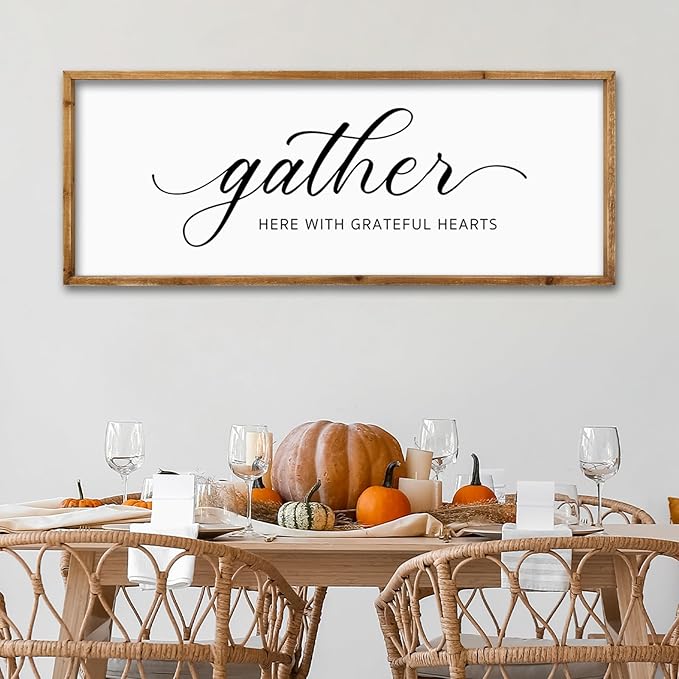 ZZJJHYWGQ Gather Here With Grateful Hearts Sign Rustic Farmhouse Wall Art 32"×12" For Dining Room kitchen Family Gathering Thanksgiving Decor Minimalist Large Wooden Framed Hanging Art (Wood)