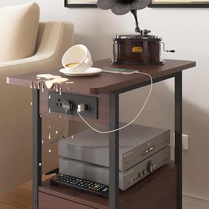 LIDYUK End Table with Charging Station, Narrow Side Table with Drawer and USB Ports & Power Outlets, Nightstand Bedside Tables for Small Spaces, Bedroom, Living Room, Dark Cherry