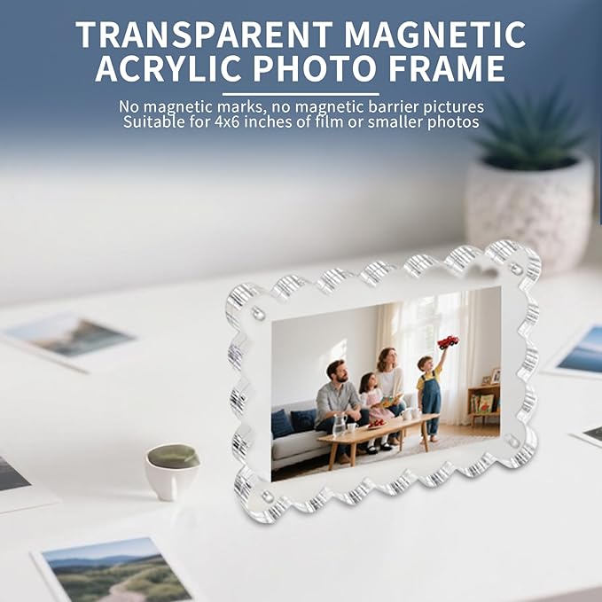 3-Pack 4x4 Acrylic Magnetic Picture Frames – Double-Sided Clear Lucite Block Frames with Scalloped Edges, UV-Protected Freestanding Desktop Photo Display