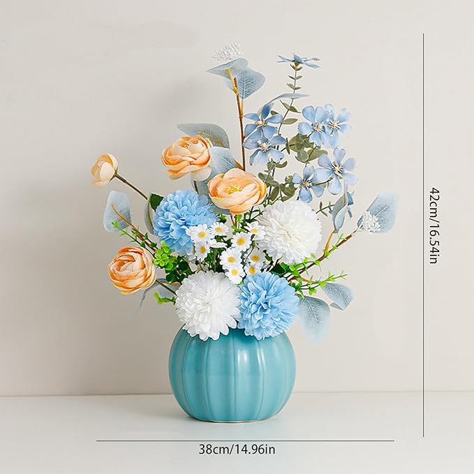 Artificial Flowers, Fake Flowers in Vase, Silk Flowers with Ceramic Vase, Faux Flowers Arrangement for Homes, Restaurants Decoration Dining Table Centerpiece Decor (Blue)