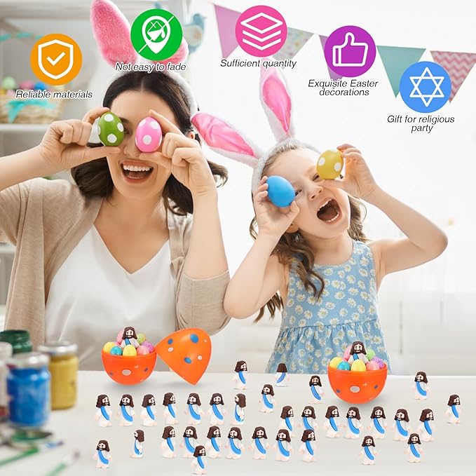 Bememo 100 Pcs Jesus Toys Original Design Mini Rubber Little Jesus Figurine to Hide and Seek Religious Party Favors Sunday School Craft Baptism Gifts for Easter Egg Stuffers(Blue)