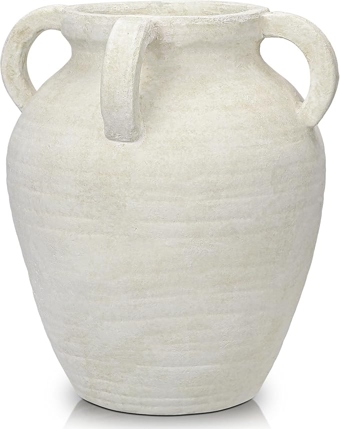 Handmade Flower Vase, 12" Tall Terracotta Vase, White Vintage Ceramic vase, Rustic Antique Decor with 3 Handles, Wide Mouth, Matte Finish for Home Office Resto Café Décor