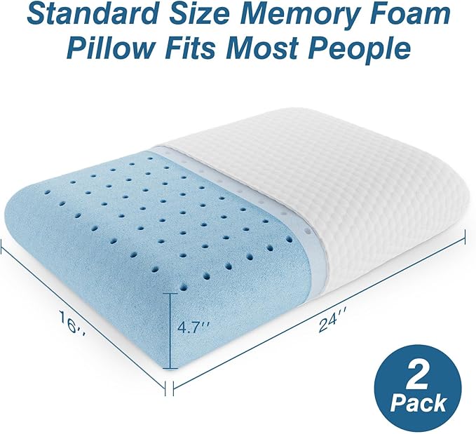 Sweetcrispy Memory Foam Pillow, Standard Size Pillows for Sleeping, Bed Pillow Soft and Comfortable, Cooling Hotel Pillow for Side Sleeper, Removable, Machine Washable Cover, 2 Pack