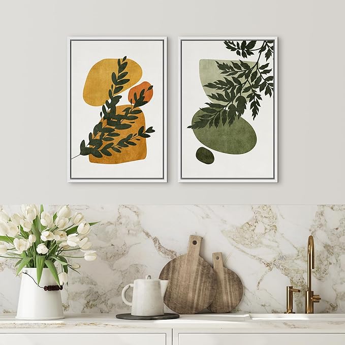 SIGNFORD Framed Canvas Print Wall Art Set Mid-Century Forest Fern Leaf Collage Abstract Shapes Illustration Modern Art Decorative Nordic Nature for Living Room, Bedroom, Office - 24"x36"x2 White