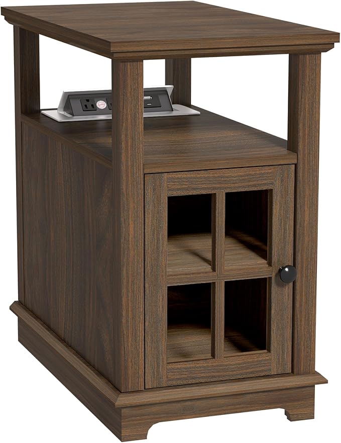 HIFYOBRO Narrow End Table with Flip Top Charging Station, Side Table Living Room, Adjustable Shelf & Power outlets, Bedside Table with Storage for Bedroom