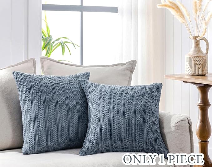 1pc 18x18 Throw Pillow Cover Boho Decorative Pillow Shams Stone Washed Cotton Pillowcase Waffle Square for Couch Sofa Chair Bed Car, Blue Grey