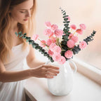 6 Artificial Silk Flowers + 3 Eucalyptus, Artificial Chrysanthemums with Stems for Home Decor, Pink