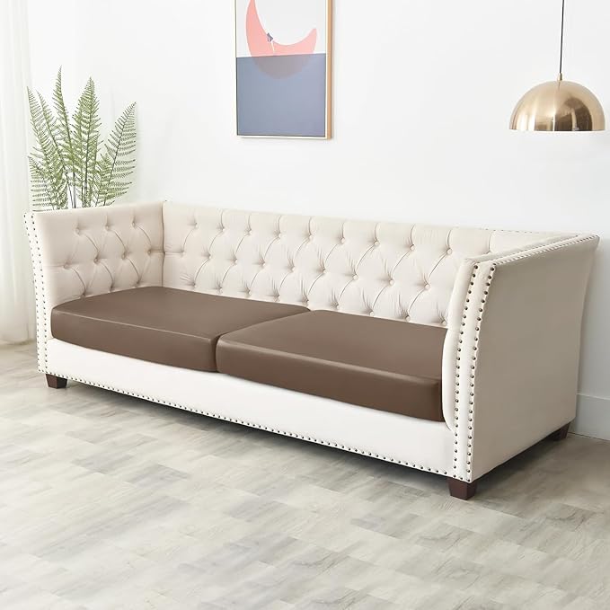 Yates Home PU Leather Couch Sofa Cushion Slipcover Water-Proof Elastic Chair RV Seat Covers Loveseat Slip Cover for Settee Seater Replacement in Living Room（2 Piece Large Sofa Cushion Covers,Camel