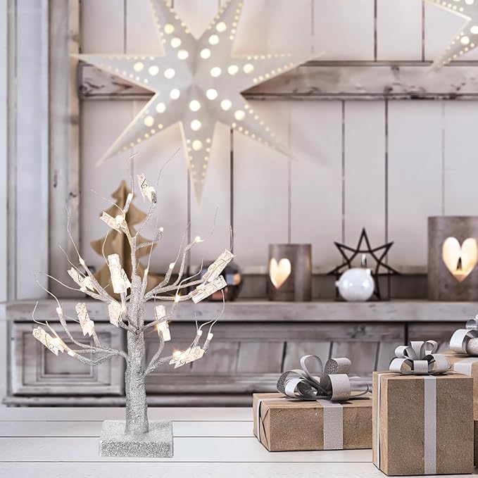 Mudder Money Holder Tree Present Card Holder with 12 Clear Clips LED Birch Twig Lights Tabletop Display Tree for Christmas, Valentines, Memo, Photo, Wedding(Stylish Style,Silver, Warm White)