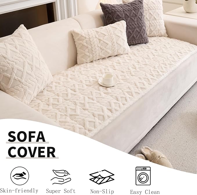 Plush Couch Cover for Pets Super Soft Sofa Covers for Cats & Dogs Washable Sofa SlipCover Furniture Couch Protector for Living Room(27" x 27", White)
