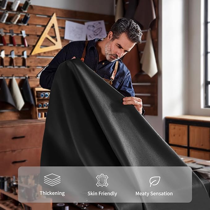 Genuine Leather Round Pouf Ottoman Footstool for Living Room, Bedroom, Indoor (Black)