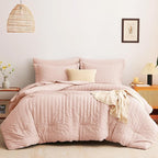 CozyLux King Size Comforter Set Blush Pink Seersucker 7 Pieces Bed in a Bag King Comforter Set with Sheets, Luxury Bedding Set with Down Alternative Comforter, Sheets, Pillowcases & Shams All Seasons