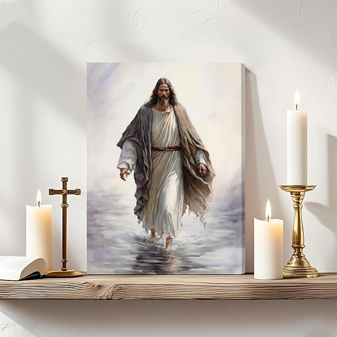 Framed Jesus Christ Wall Art Jesus Walking On Water Canvas Wall Art Christian Painting Prints Biblical Wall Decor Religious Room Decor for Church Prayer Room Christian Schools Hospitals 12" x 16"