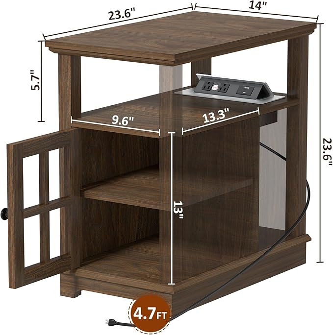 HIFYOBRO Narrow End Table with Flip Top Charging Station, Side Table Living Room, Adjustable Shelf & Power outlets, Bedside Table with Storage for Bedroom