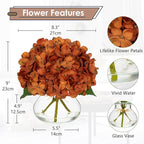 Hollyone Dark Orange Fall Hydrangea Artificial Flowers for Decoration with Glass Vase Silk Faux Flower Arrangements with Faux Water Fake Bouquet Table Centerpiece Vase with Flowers Autumn Home Decor