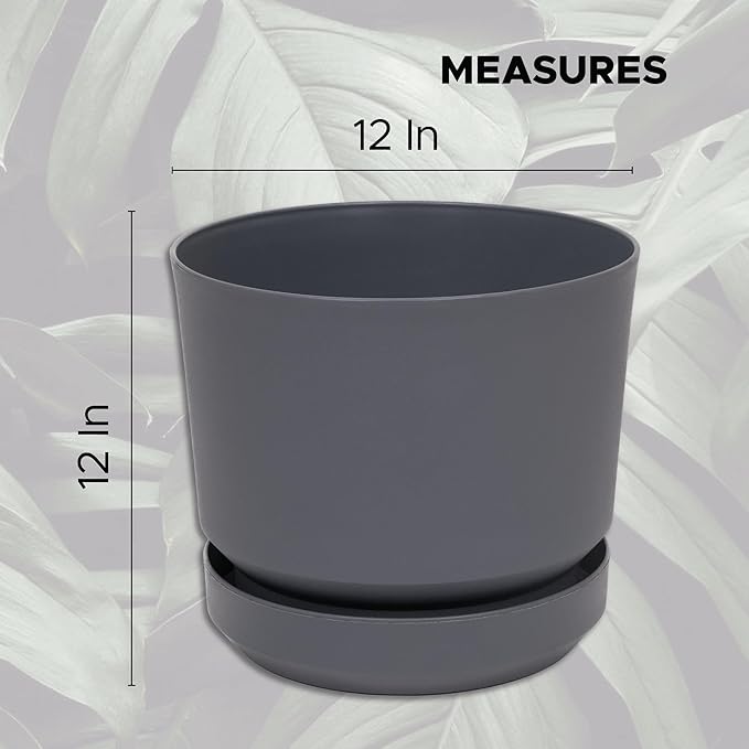 Elly Décor 12 inch Plastic Cylinder Planter Pot with Self-Watering Saucer and Drainage Hole,Lightweight & Extremely Durable, 12"x 12", Gray