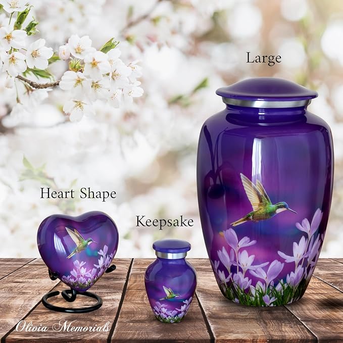 Olivia Memorials Heart Urn for Ashes Women Men Adult | Mini Hummingbird Urn for Female Male Carefully Handcrafted Funeral Decorative Small Purple Urn for Mom Dad Mother Baby Infant Pet Cat Dog