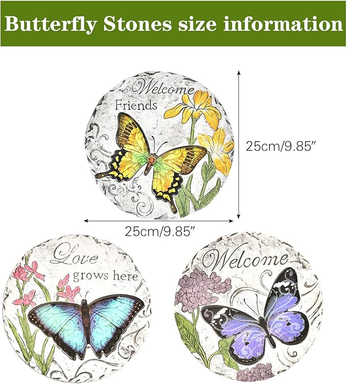 Sungmor 3PC Pretty Garden Stepping Stones, 9.8" Large Concrete Decorative Stones with Beautiful Pattern, Unique Outdoor Lawn Accents, Yard Walkway Flower Bed Wall Shelf Welcome Friends Decorations