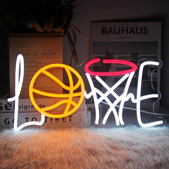 Love Basketball Neon Sign Dimmable Basketball Hoop Neon Lights for Bedroom Sport LED Neon Light Up Signs for Man Cave Game Room Birthday Party Decor Gifts for Boys USB Powered