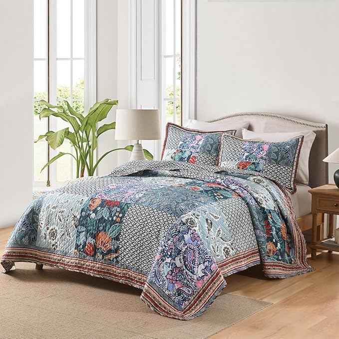 Cotton Bedspread Quilt Bedding Sets Reversible Coverlet Sets 3 Pieces Vintage Floral Blue Teal Patchwork Bedspread, Queen Size