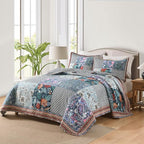 Cotton Bedspread Quilt Bedding Sets Reversible Coverlet Sets 3 Pieces Vintage Floral Blue Teal Patchwork Bedspread, Queen Size