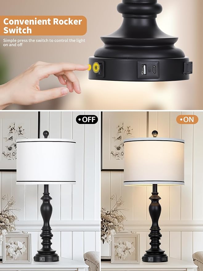 28" Set of 2 Farmhouse Table Lamps for Living room, Bedside Lamp with USB C+A Ports & AC Outlets, Black Vintage End Table Lamps for Bedrooms, Nightstand Lamps Fabric Shades Rustic 2 LED Bulbs Included