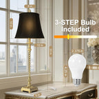 33'' Tall Vintage Table Lamp Set of 2, Candle Stick Buffet Lamps with Gold Leaf Finish and Black Linen Shades, 3-Way Dimmable Bulbs Included, Nightstand Lamps for Living Room Bedroom Dinning Entryway