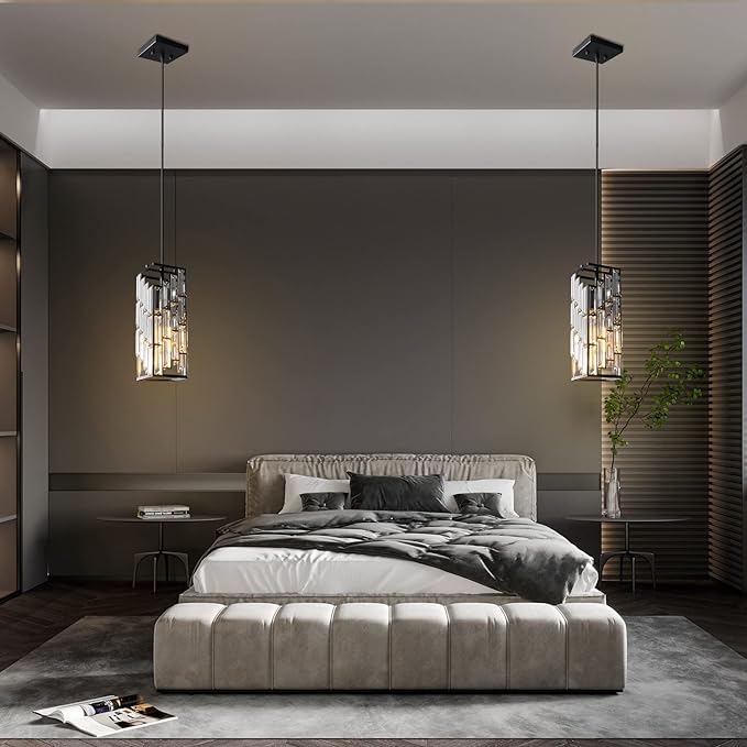 Black Pendant Lighting Modern Pendant Light, Mini Crystal Chandeliers,Adjustable Pendant Light Fixture for Kitchen Island Dinning Room Bedroom (2 Pack)