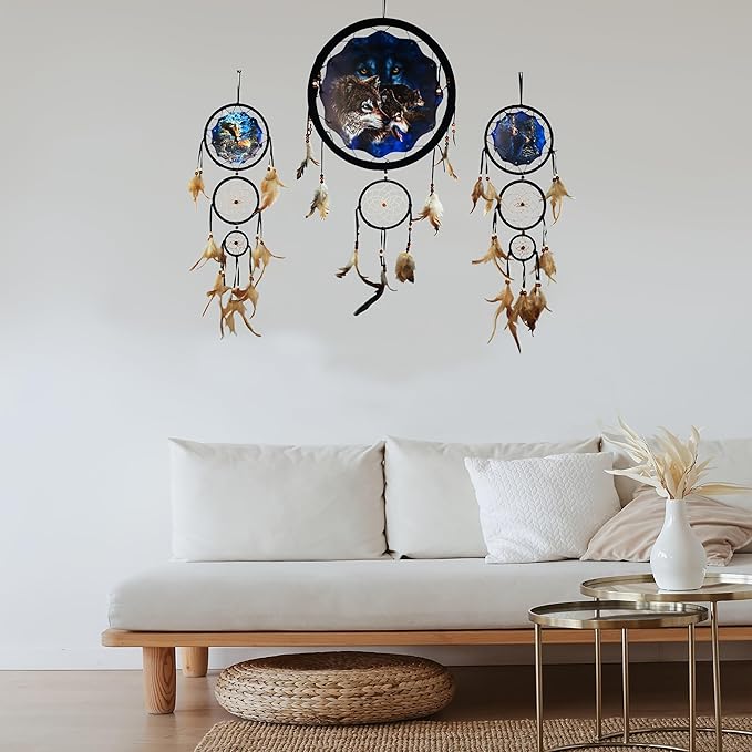 Remorelt Wolf Eagle Bear Dream Catcher Bedroom Wall Decor, Christmas Home Decoration, Room Accessory, White Moon Feather Decoration - Unique Home Craft Wall Pendant (DC04 13Inch Set 3 Mix)