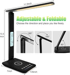 Desk Lamp with Wireless Charger，USB Charging Port, Dimmable Office Desk Light with Clock, Alarm, Date, Temperature, Foldable Lamp for Table Bedroom Bedside Office (Black Pro, Standard Size-13.3 inch)