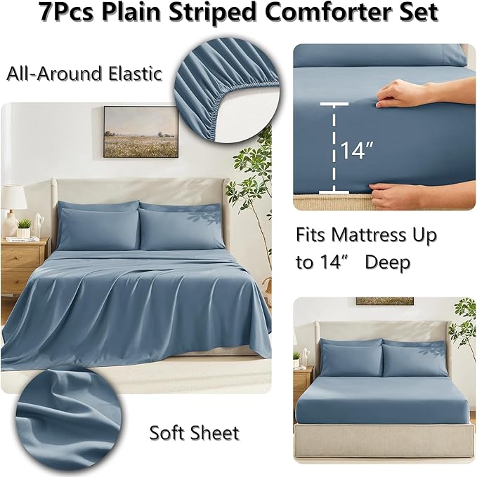 CozyLux California King Comforter Sets Mineral Blue, 7 Pieces Cal King Bed in a Bag, All Season Bedding Sets with Stitch Quilted Comforter, Flat Sheet, Fitted Sheet, Pillowcases