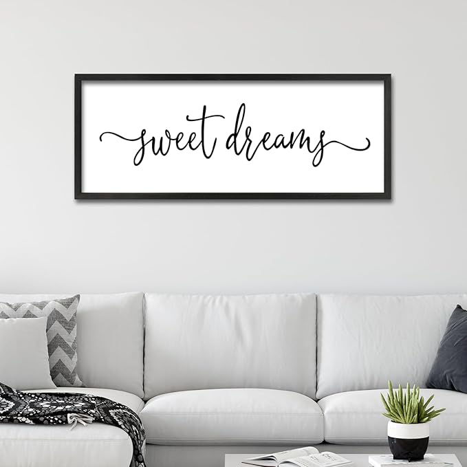 Sweet Dreams Above Bed Wall Decor Sign 40"x15" for Master Bedroom Over Bed Guest Room Wood Framed Wall Art (Black)