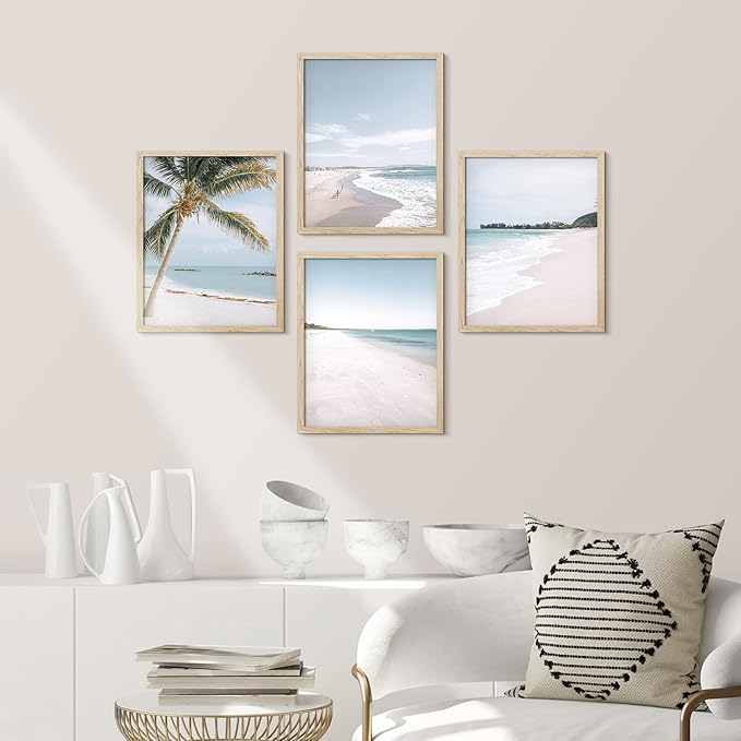 SIGNWIN Framed White Beach Shore Tropical Palm Tree Island Wall Art, Set of 4 Landscape Colorful Wall Decor Prints, Nature Wilderness Wall Décor for Living Room, Bedroom - 12"x16" Natural