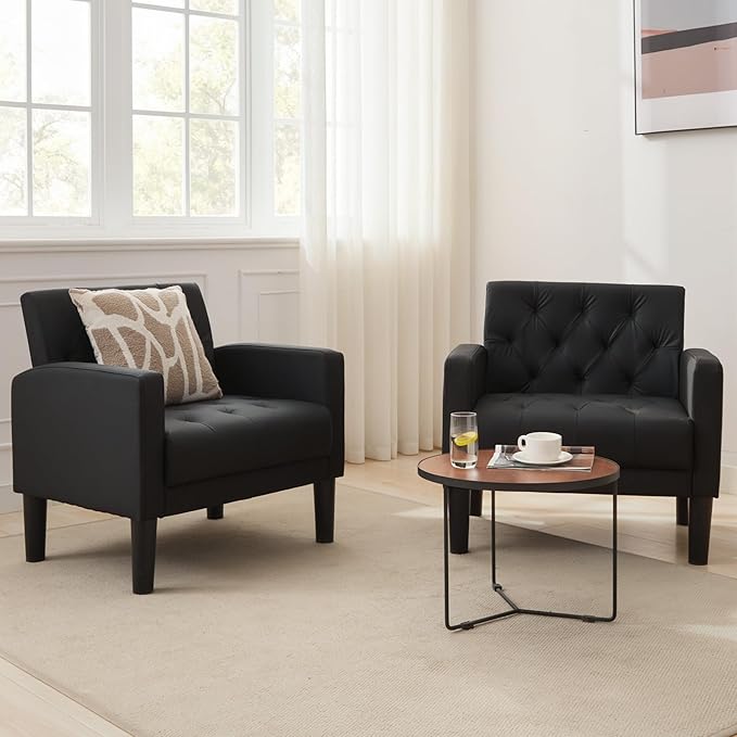 TYBOATLE Accent Chair Comfy Living Room Chair Black Leather Tufted Mid Century Modern Accent Chairs Small Cozy Reading Arm Chair for Office, Bedroom (1, Black)