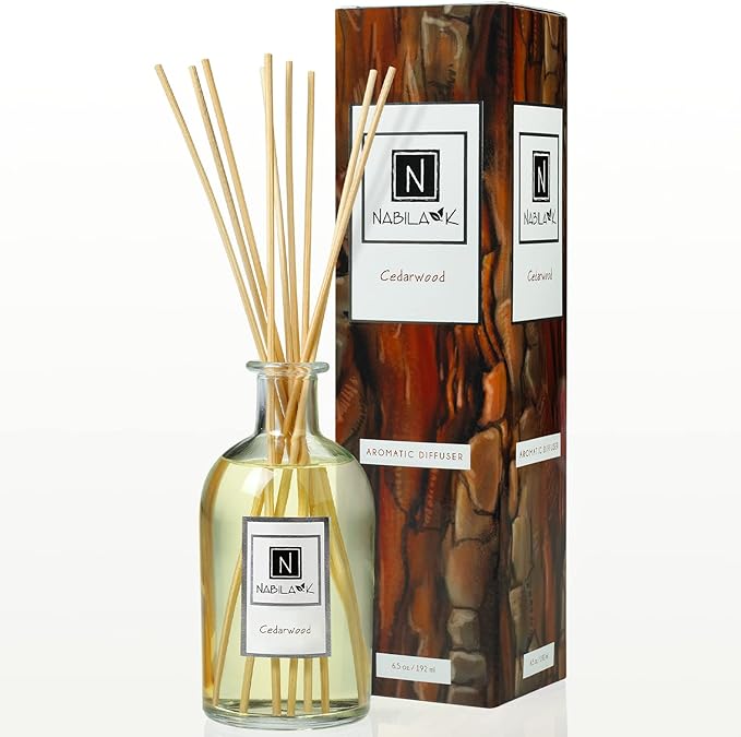 Nabila K Cedarwood Reed Diffuser Set – Warm Woodsy Aromatic Oil for Home – Long-Lasting, Smokeless Scent – Made in USA – Includes Reeds + Bottle – Flameless Candle Alternative