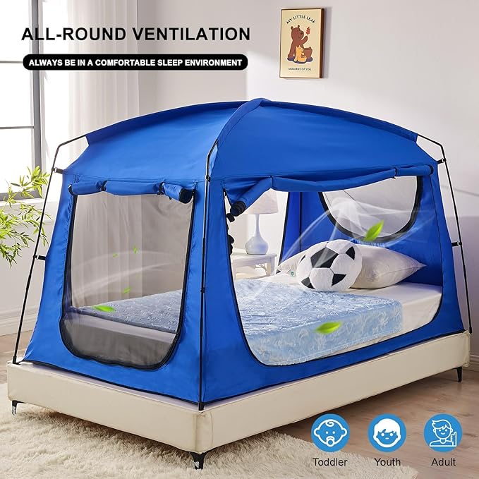 Privacy Blackout Sleep Bed Tent for Adults Kids Portable Bed Canopy Lightweight Breathable Mesh Windows Tents