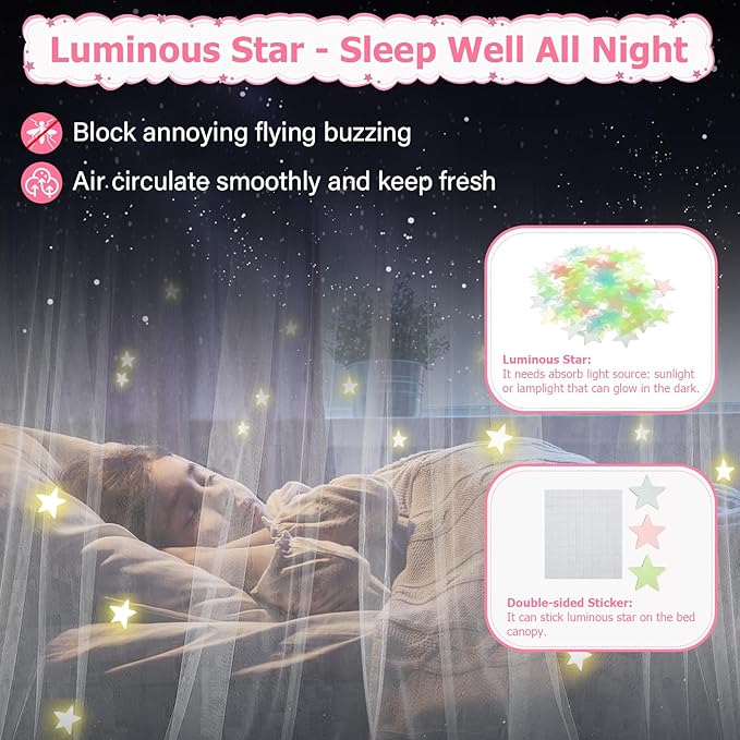 Twin Size Bed Canopy with Lights, Bed Canopy for Girls Princess with Luminous Stars, Canopy Bed Curtains for Twin Bed Kids Indoor Decor Bedroom, 4 Corner Post Bunk Bed for Student Dormitory, White