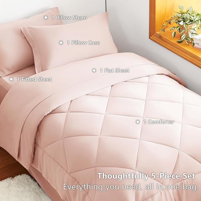 CozyLux Twin XL Comforter Set Blush Pink - 5 Pieces Twin Extra Long Bed in a Bag for College Dorm, All Season Bedding Set for Girls and Boys, Soft Bed Set with Comforter, Sheets, Pillowcase & Sham