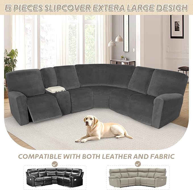 Arfntevss Sectional Recliner Couch Covers Velvet Washable Corner Sectional Sofa Cover for Reclining Stretch Soft Thick L Shape Recliner Slipcover Set (5 Seat with 1 Console Cover, Charcoal Gray)