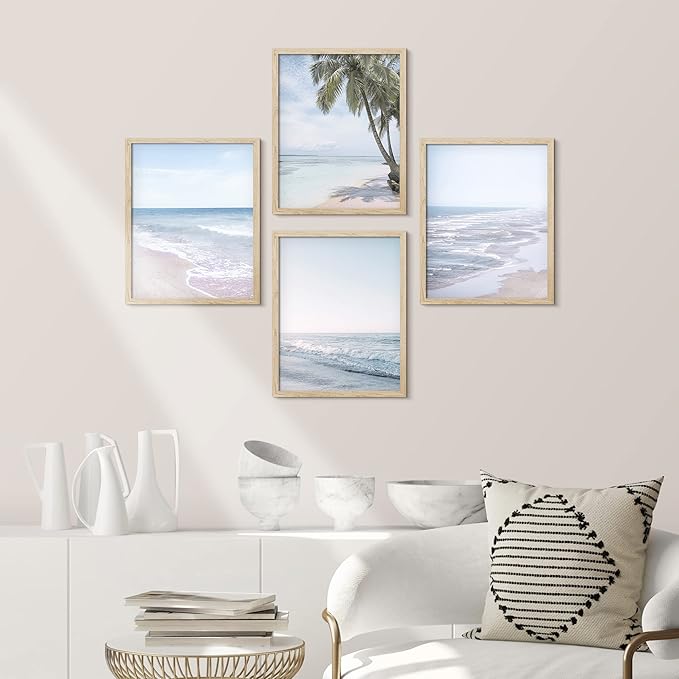 SIGNWIN Framed White Pastel Tropical Island Ocean Beach Shore Wall Art, Set of 4 Landscape Colorful Wall Decor Prints, Nature Wilderness Wall Décor for Living Room, Bedroom - 12"x16" Natural