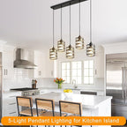 Black Pendant Lights for Kitchen Island Farmhouse Chandeliers for Dining Room, 5-Light Pendant Light Hanging Linear Chandeliers Kitchen Island Lighting with Clear Glass Shades