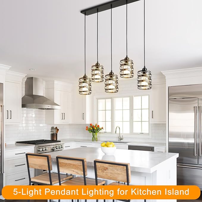 Black Pendant Lights for Kitchen Island Farmhouse Chandeliers for Dining Room, 5-Light Pendant Light Hanging Linear Chandeliers Kitchen Island Lighting with Clear Glass Shades