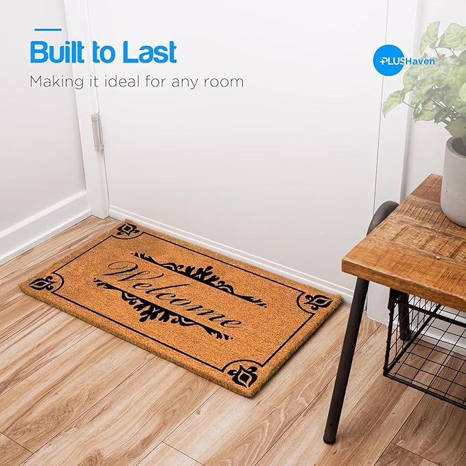 PLUS Haven Coco Coir Door Mat with Heavy Duty Backing, Natural Welcome Doormat, 17.5”x30” for Entrance, Front Porch, Easy to Clean Entry Mat, Outdoor and Indoor Uses, Home Décor